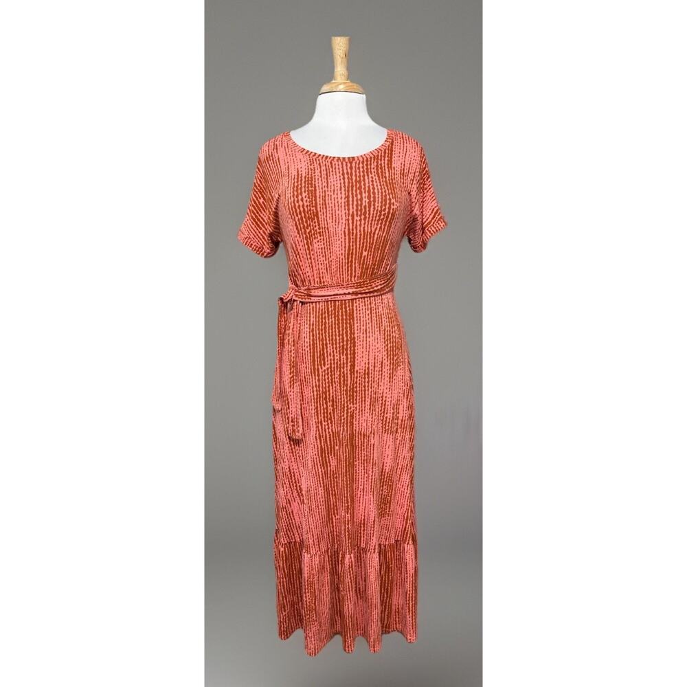 New Directions Coral Red Tiered Belt Boho Maxi Dress Beachy Coastal Casual sz S